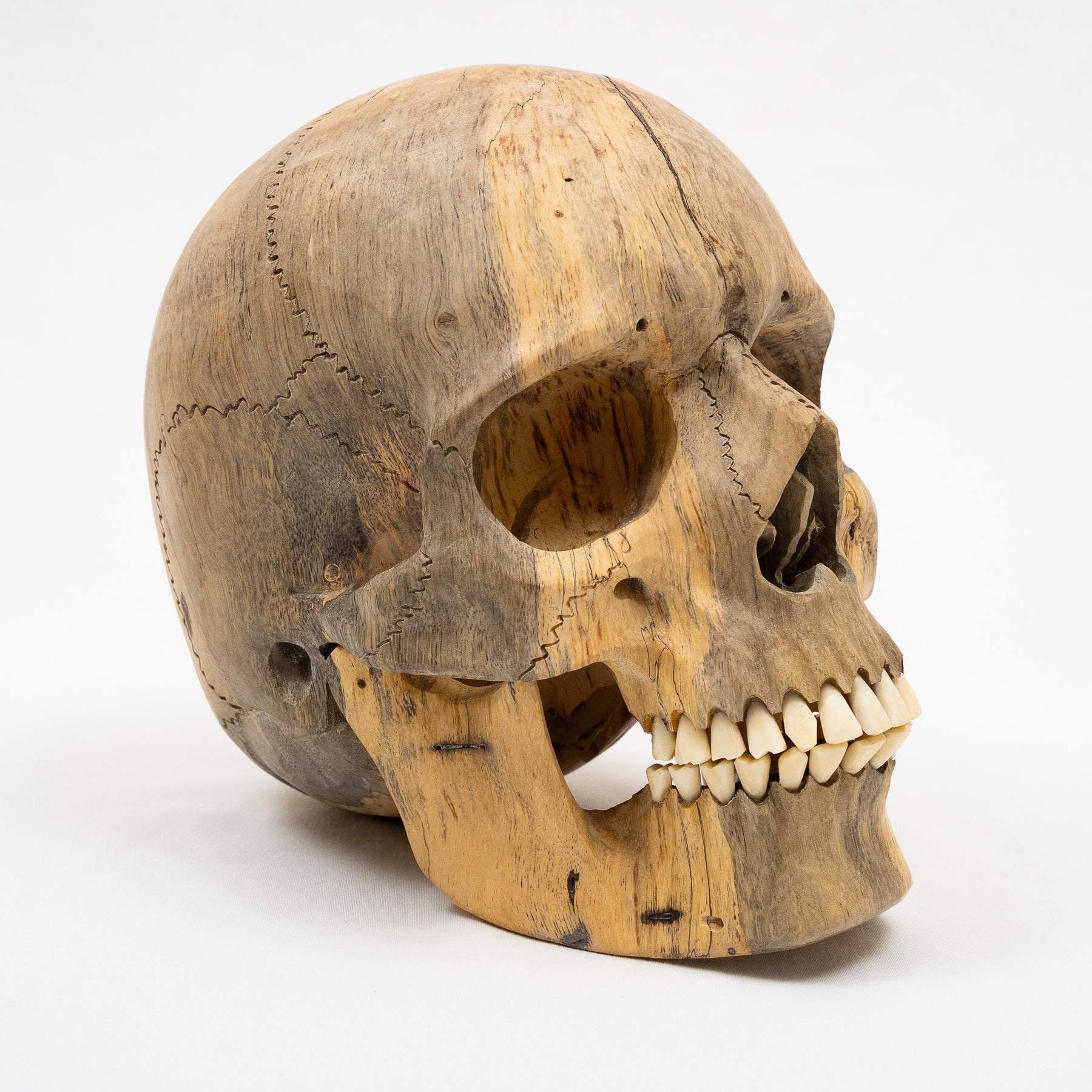 Wood Skull - Life Size Large 9.5" Hand Carved Human Skull Replica Skeleton Head