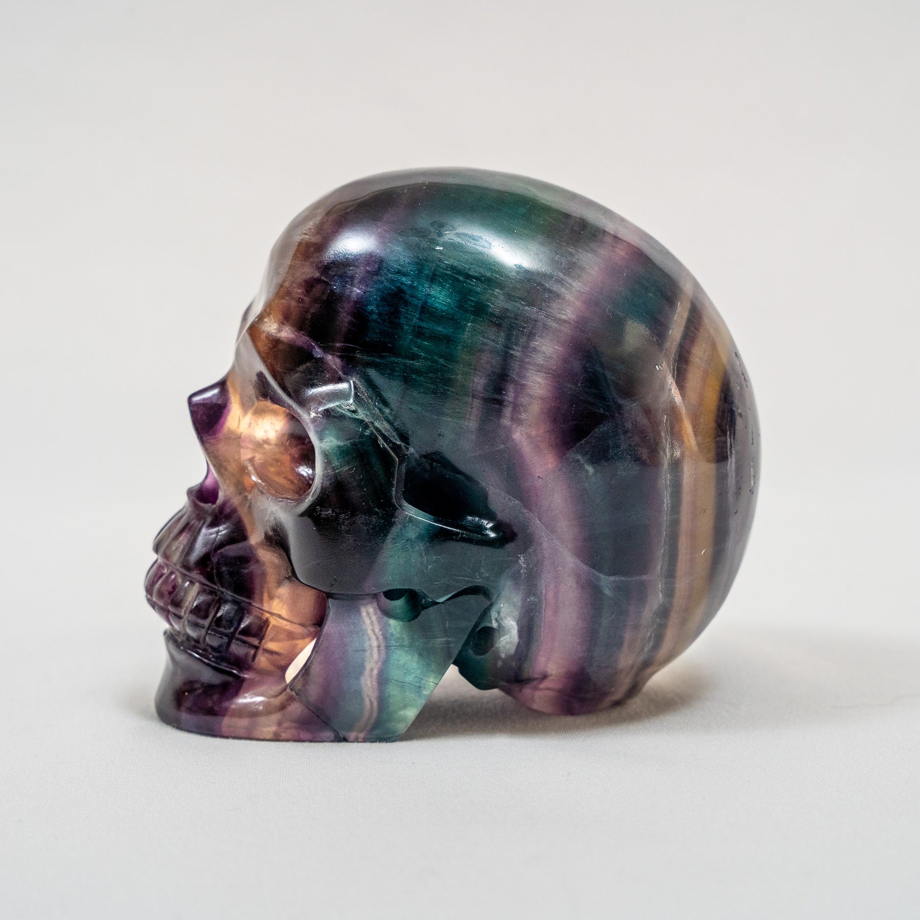 High Quality Rainbow Fluorite Crystal Skull w/ Imperfections - Large Hand Carved 4.25" Reiki Chakra Healing Crystal Skull Stone