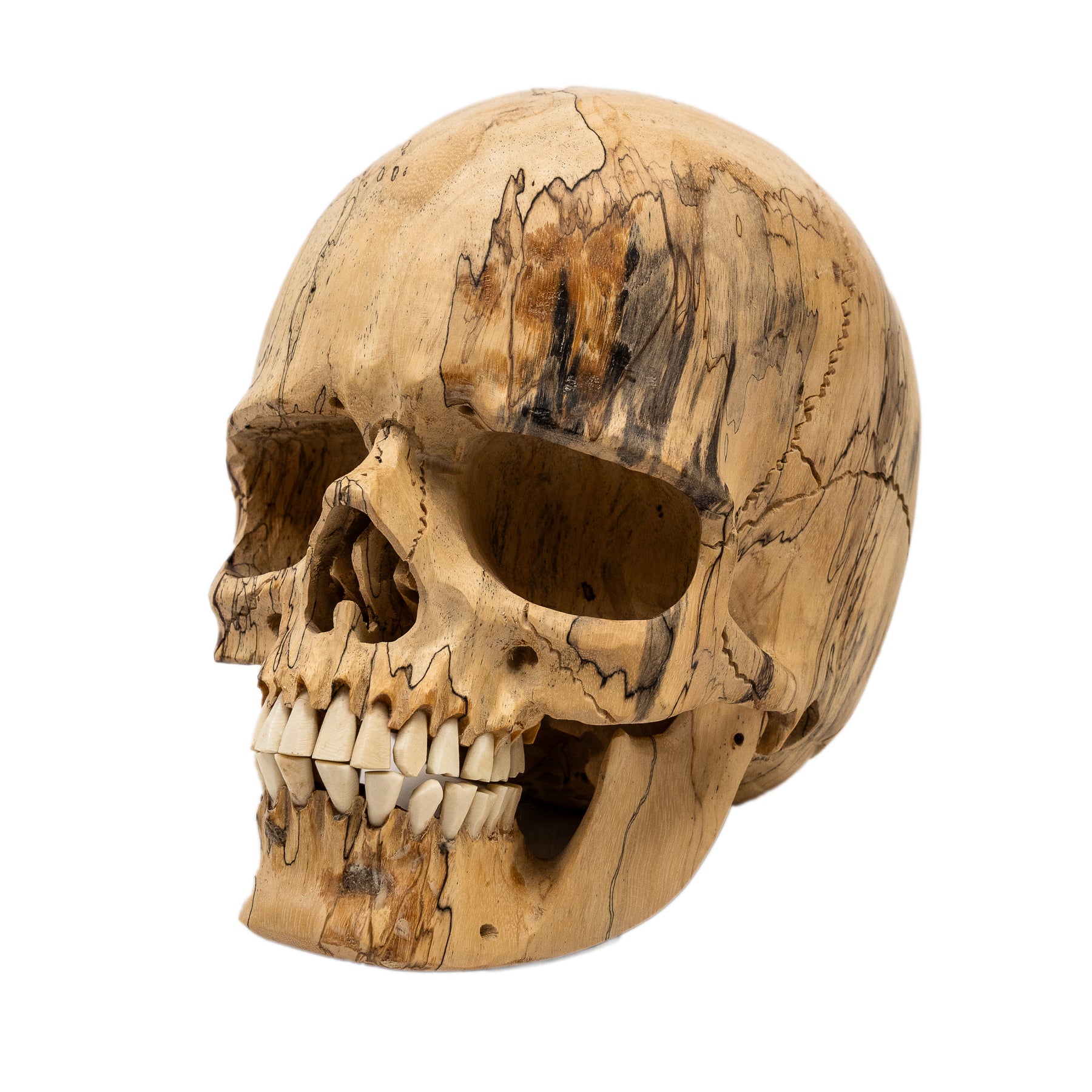 Wood Skull - Life Size Large 8" Hand Carved Human Skull Replica Skeleton Head