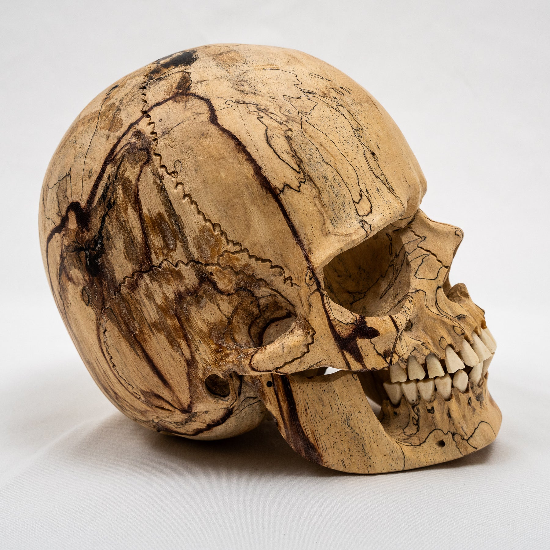 Wood Skull - Life Size Large 8" Hand Carved Human Skull Replica Skeleton Head