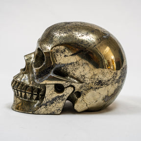 Gold Iron Pyrite Crystal Skull - Large Hand Carved 5" Reiki, Chakra Healing Crystal Skull Stone