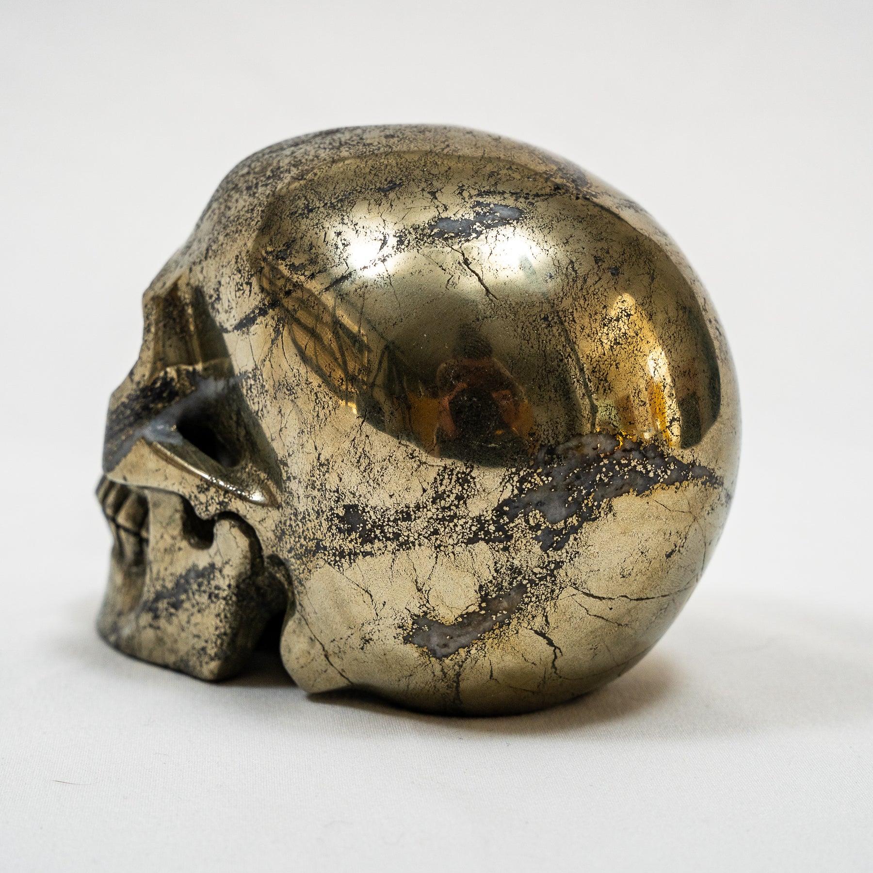 Gold Iron Pyrite Crystal Skull - Large Hand Carved 5" Reiki, Chakra Healing Crystal Skull Stone