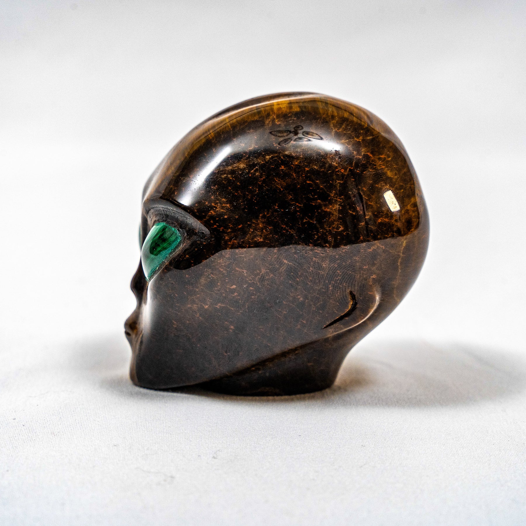 Tigers Eye Crystal Alien w/ Malachite Eyes - Hand Carved 3" Healing Crystal Reiki Chakra Star Being Stone