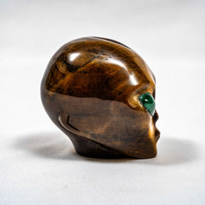 Tigers Eye Crystal Alien w/ Malachite Eyes - Hand Carved 3" Healing Crystal Reiki Chakra Star Being Stone