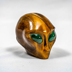 Tigers Eye Crystal Alien w/ Malachite Eyes - Hand Carved 3" Healing Crystal Reiki Chakra Star Being Stone