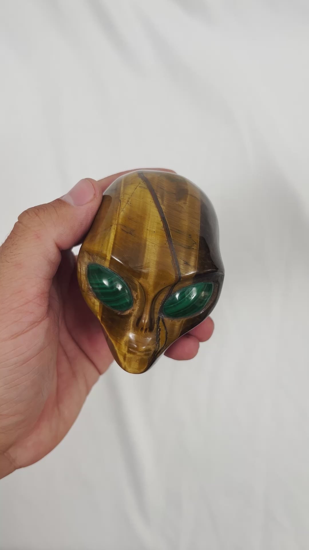 Tigers Eye Crystal Alien w/ Malachite Eyes - Hand Carved 3" Healing Crystal Reiki Chakra Star Being Stone