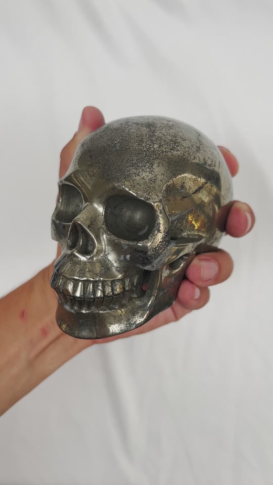 Gold Iron Pyrite Crystal Skull - Large Hand Carved 5" Reiki, Chakra Healing Crystal Skull Stone