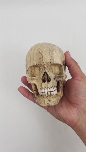 Wood Skull - Life Size Large 5" Hand Carved Human Skull Replica Skeleton Head