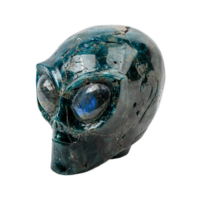 Imperfect Blue Apatite 4.25" Crystal Alien with Labradorite Eyes - Hand Carved 4.25" Skull