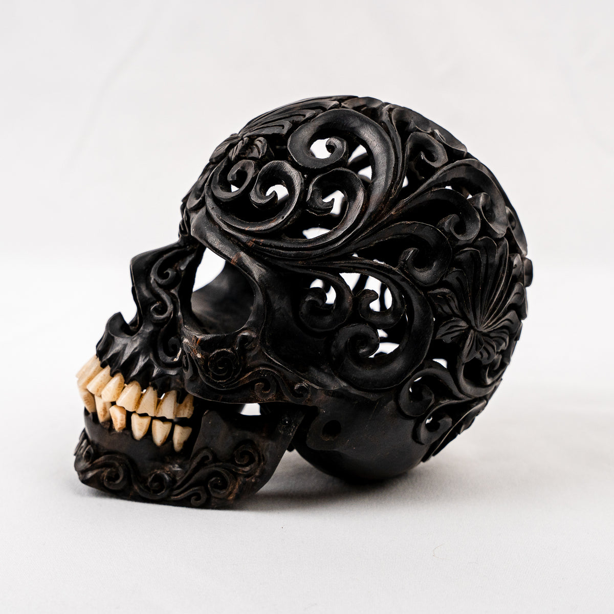 Black Ebony 5" Wood Skull - Lotus Pattern