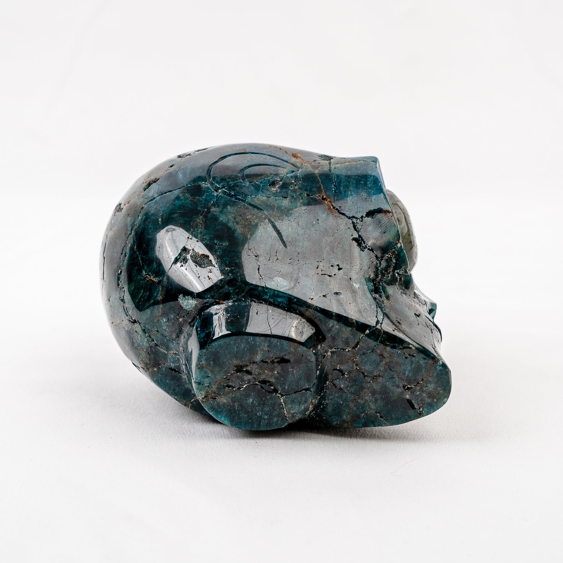 Imperfect Blue Apatite 4.25" Crystal Alien with Labradorite Eyes - Hand Carved 4.25" Skull