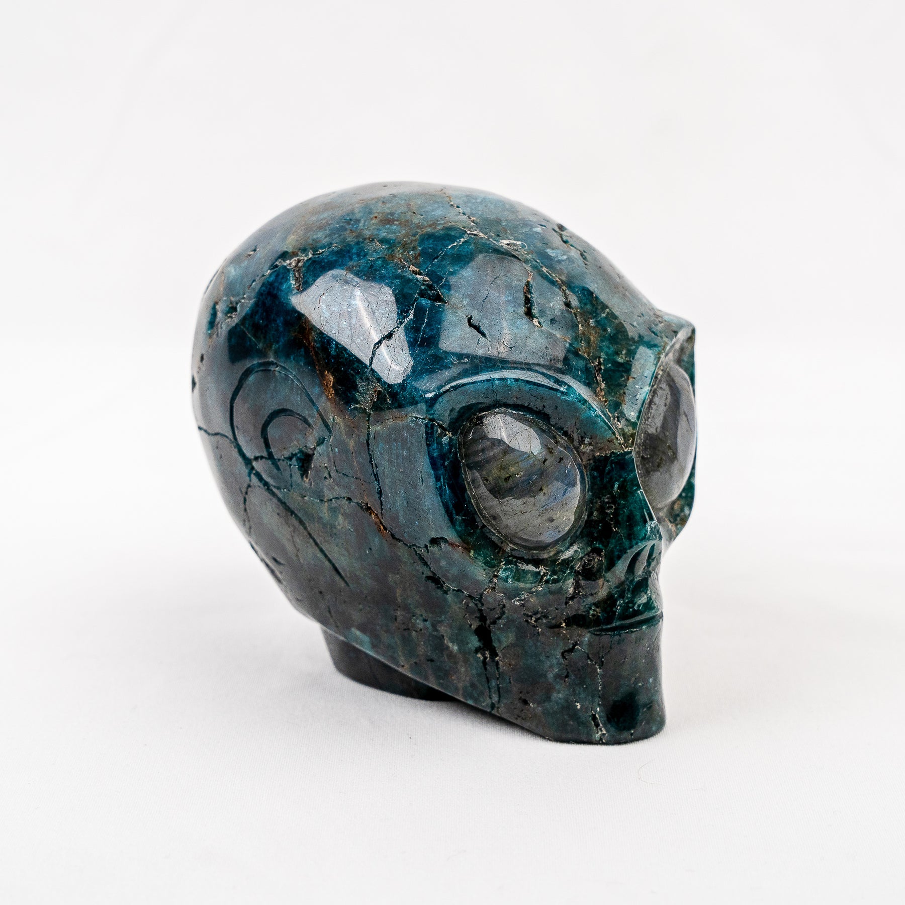 Imperfect Blue Apatite 4.25" Crystal Alien with Labradorite Eyes - Hand Carved 4.25" Skull