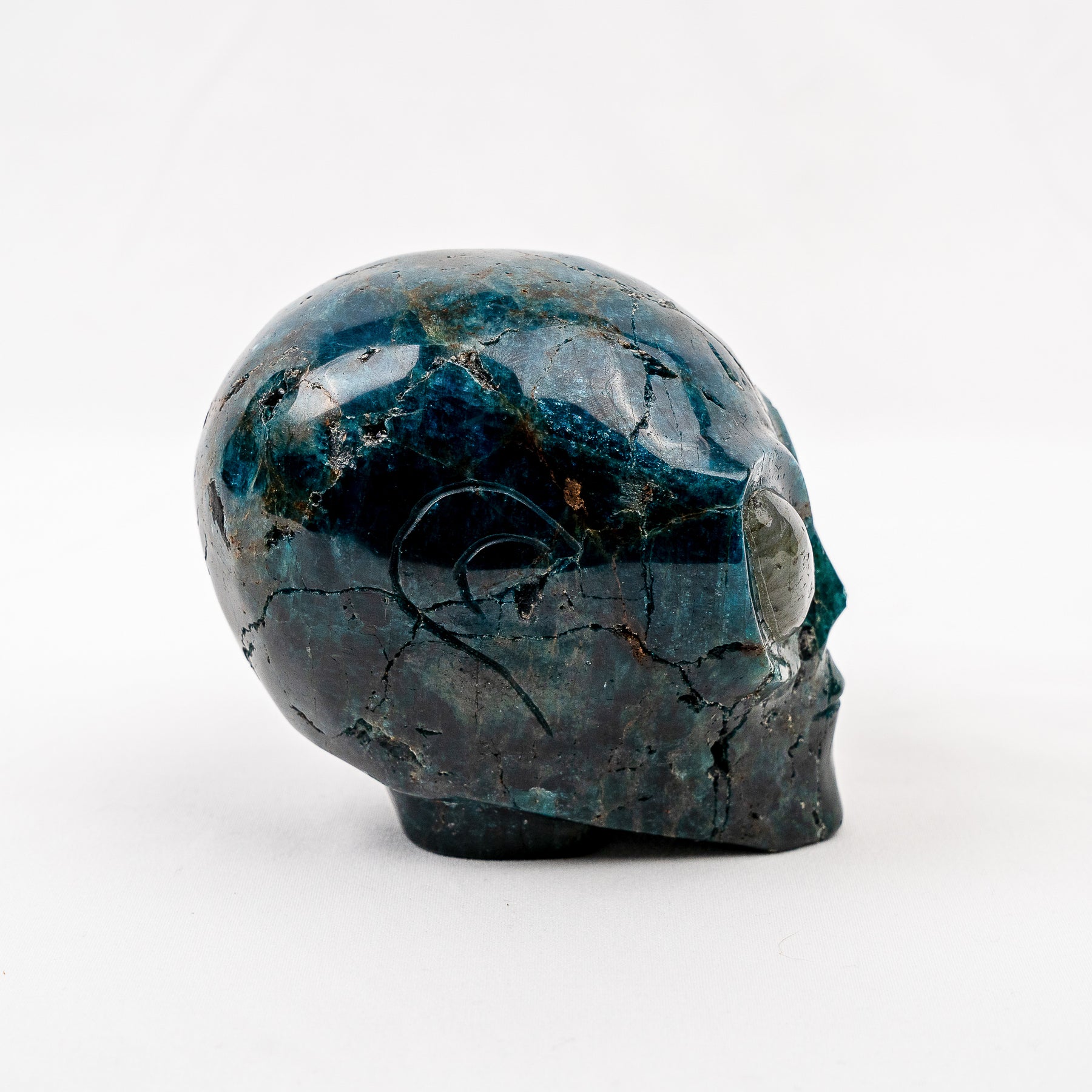 Imperfect Blue Apatite 4.25" Crystal Alien with Labradorite Eyes - Hand Carved 4.25" Skull