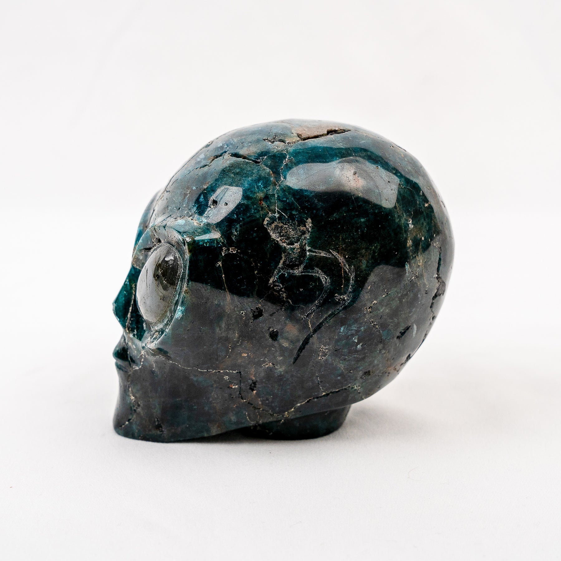 Imperfect Blue Apatite 4.25" Crystal Alien with Labradorite Eyes - Hand Carved 4.25" Skull