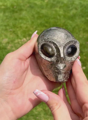 Pyrite 3.25" Crystal Alien with Gold Obsidian Eyes